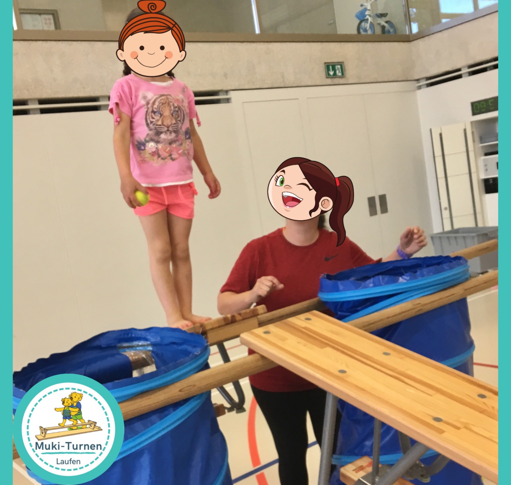 Kinder beim Turnen mit Cartoon-Overlays